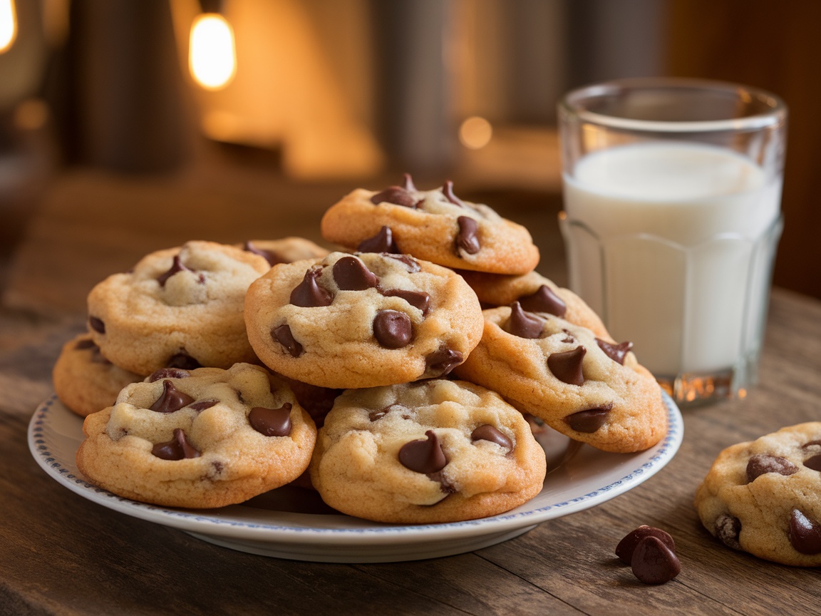 Ultimate Chocolate Chip Cookie Recipe A plate of soft, warm chocolate chip cookies with melted chocolate chips, served with a glass of milk.